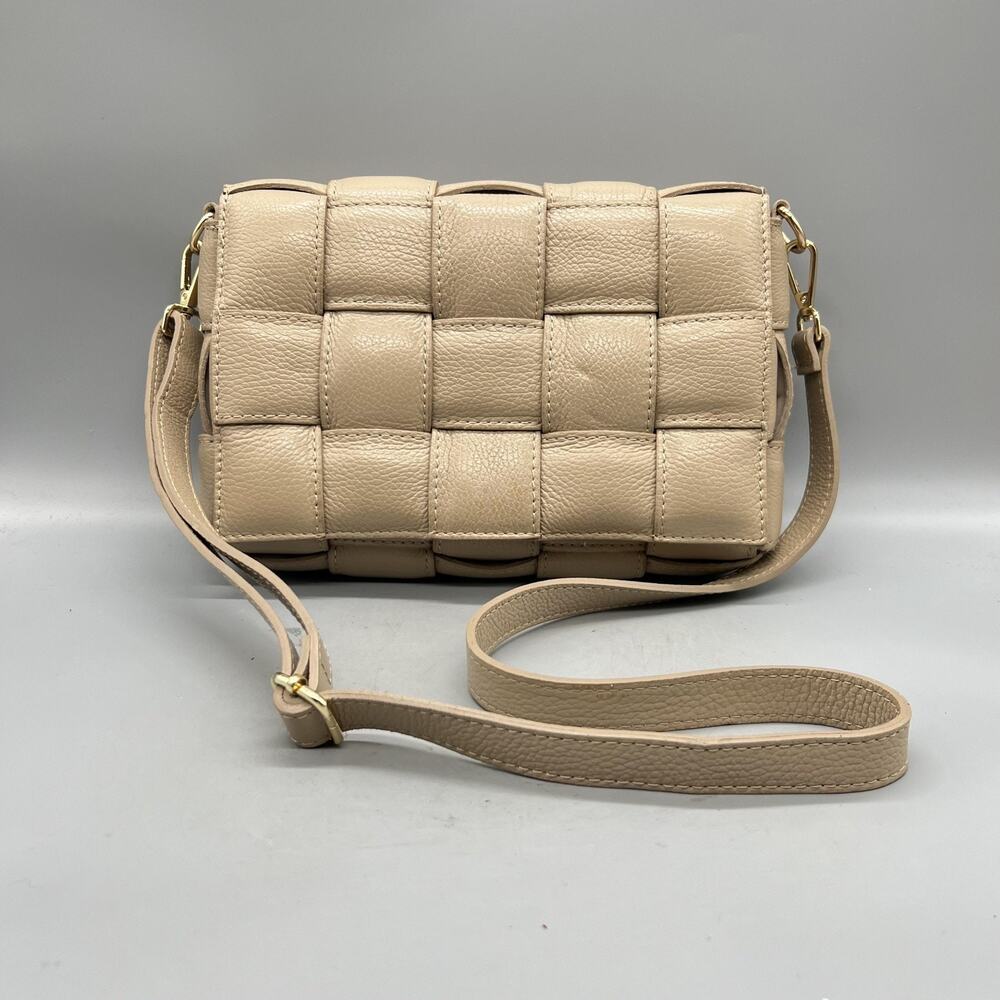 Woven Leather Bag Womens Small Beige Crossbody Cassette Padded Purse Italy